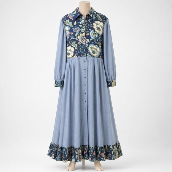 Handmade Dresses & Skirts - Vintage Handmade Floral Prairie Maxi Dress Size XL Pearl Snap Western Chambray
